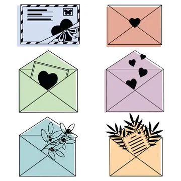 Set of valentine envelopes, color vector illustration on a white background Stock Illustration