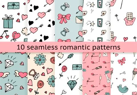 Set of valentine pattern in doodle style Stock Illustration