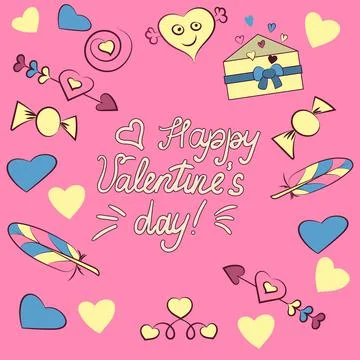 Set of Valentine s day elements isolated on pink background. Vector illustrat Stock Illustration