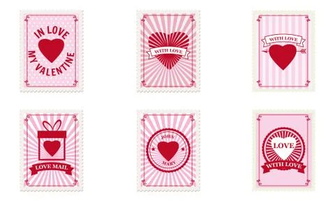 Set Valentine s day postage stamps, collection for postcard, mail envelope Ilustração Stock