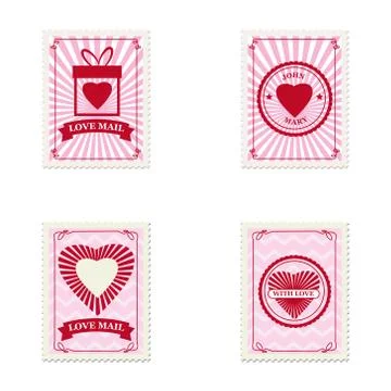 Set Valentine s day postage stamps, collection for postcard, mail envelope Ilustração Stock