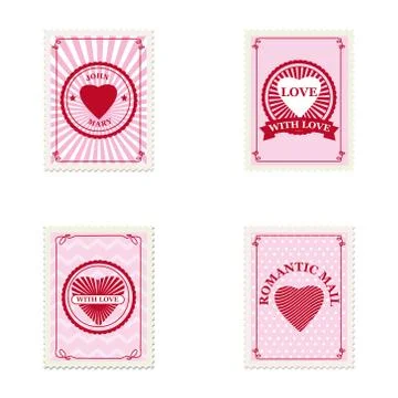 Set Valentine s day postage stamps, collection for postcard, mail envelope Ilustração Stock
