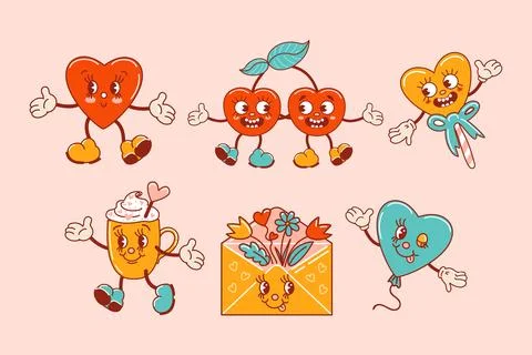 Set for Valentines Day. Characters in old retro cartoon style. Dancing funky Illustrazione stock