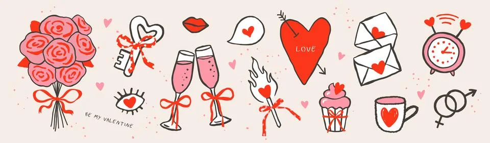 Set of Valentines Day design elements in hand drawn doodle style, featuring a Stock Illustration