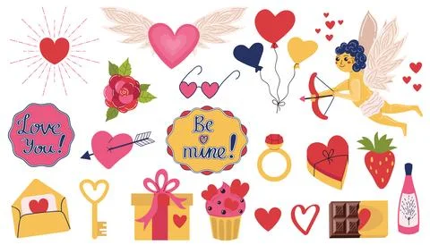 A set of Valentine's Day elements with hearts and Cupid, gift boxes and a r.. 库存插图
