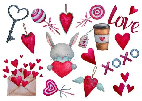 Set of valentine's day elements, love symbol objects and cute lettering. Stock Illustration
