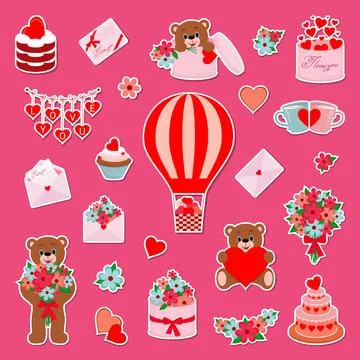 Set of Valentine's Day illustrations in flat cartoon design. Stock Illustration