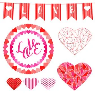 Set for Valentine's Day. Other objects and heart. Stock Illustration