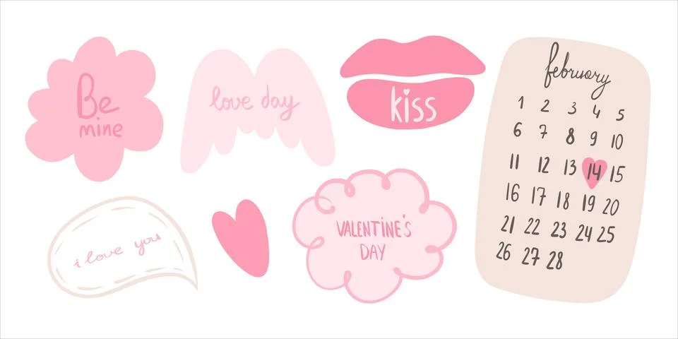 Set for Valentine's day vector, drawn frames with phrases and calendar for Fe Stock Illustration