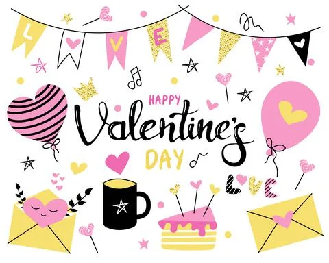 Set with Valentine's day on a white background. Bright pink, yellow colors. Stock Illustration