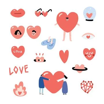 Set of Valentines hand drawn vector illustration. Heart character set. 스톡 일러스트