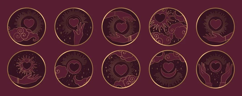 Set of Valentines vector gold round icons with abstract hands, hearts, clou.. Stock Illustration