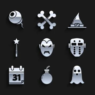 Set Vampire, Bomb ready to explode, Ghost, Hockey mask, Calendar with Halloween Stock Illustration
