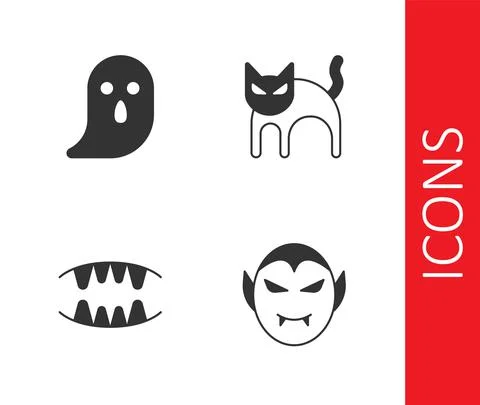 Set Vampire, Ghost, teeth and Black cat icon. Vector Illustrazione stock