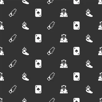 Set Vampire, Hand holding fire, saw and Playing cards on seamless pattern Stock Illustration