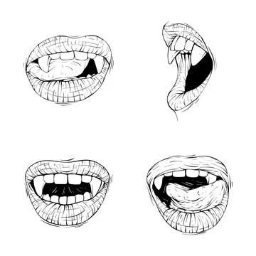 Set vampire lips collection sketch vector illustration line art Stock Illustration