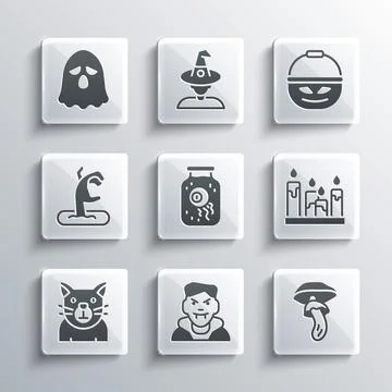 Set Vampire, Psilocybin mushroom, Burning candle, Eye jar, Cat, Zombie hand Illustrazione stock