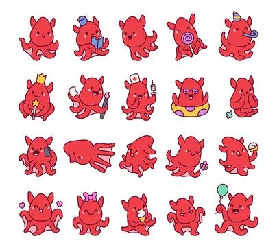 Set of vampire squid cute kawaii Stock Illustration