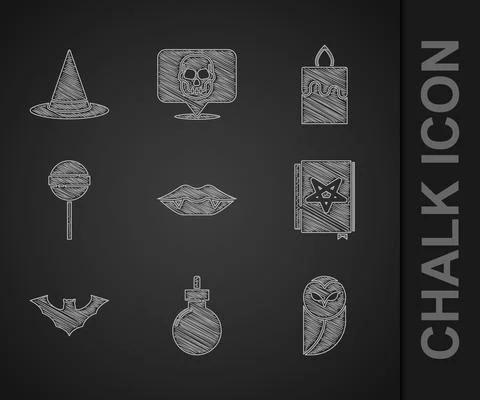 Set Vampire teeth, Bomb ready to explode, Owl, Ancient magic book, Flying bat Illustrazione stock