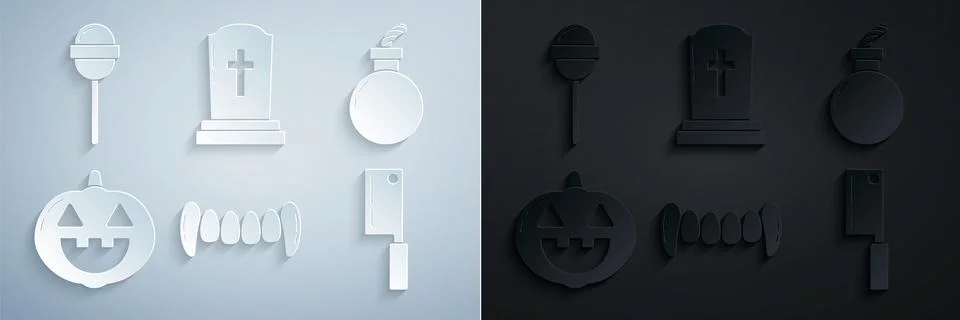 Set Vampire teeth, Bomb ready to explode, Pumpkin, Meat chopper, Tombstone with 스톡 일러스트