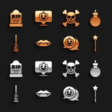 Set Vampire teeth, Bomb ready to explode, Magic wand, Pumpkin, Witches broom Stock Illustration