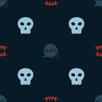 Set Vampire teeth, Boo speech bubble and Skull on seamless pattern. Vector Stock Illustration
