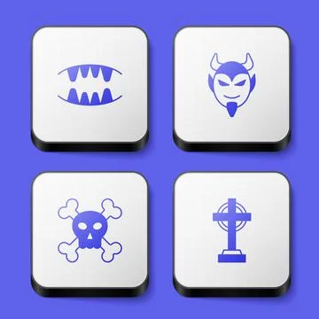 Set Vampire teeth, Devil head, Skull on crossbones and Tombstone with icon Illustrazione stock