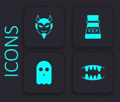 Set Vampire teeth, Devil head, Bottle with potion and Ghost icon. Black square Illustrazione stock