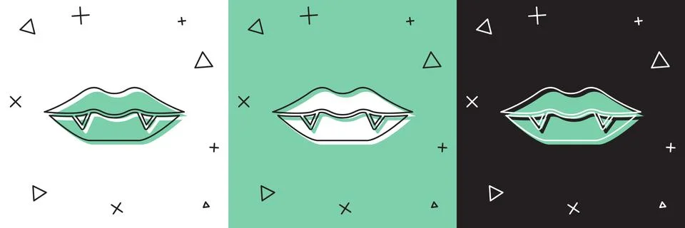 Set Vampire teeth icon isolated on white and green, black background. Happy Stock Illustration