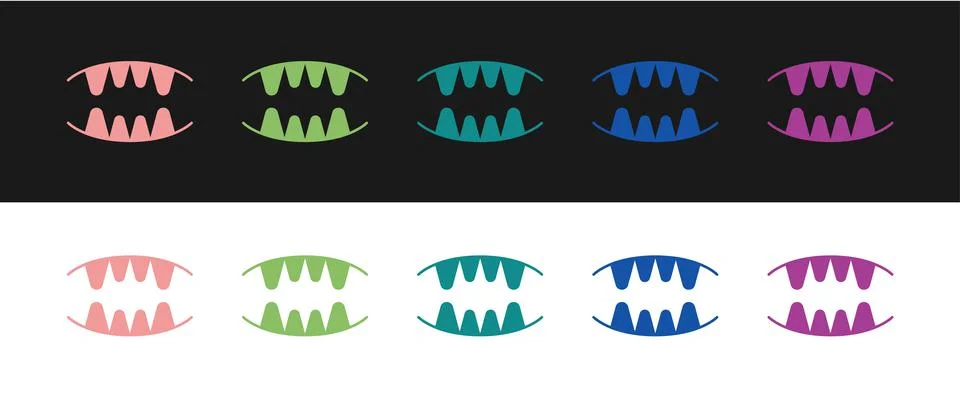 Set Vampire teeth icon isolated on black and white background. Happy Halloween 스톡 일러스트