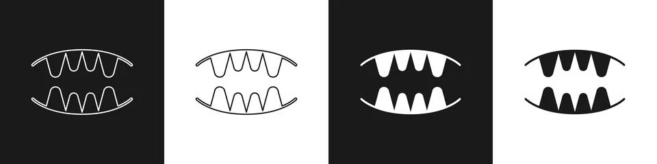 Set Vampire teeth icon isolated on black and white background. Happy Halloween イラスト素材