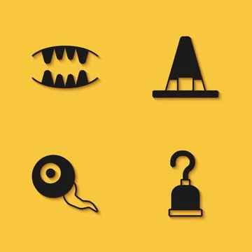 Set Vampire teeth, Pirate hook, Eye and Witch hat icon with long shadow. Vector Stock-Illustration