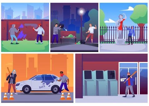 Set of vandalism scenes flat style, vector illustration Ilustración de archivo