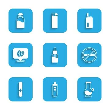 Set Vape liquid bottle, Electronic cigarette, Bong, No smoking, Cigar, Toba.. Stock Illustration