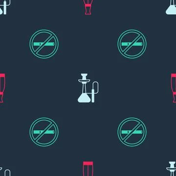 Set Vape liquid bottle, Hookah and No smoking on seamless pattern. Vector 스톡 일러스트