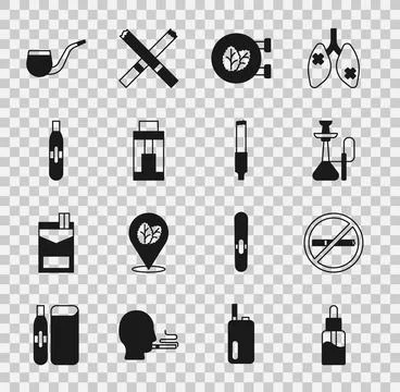 Set Vape liquid bottle, No smoking, Hookah, Tobacco leaf shop, mod device, .. Illustrazione stock