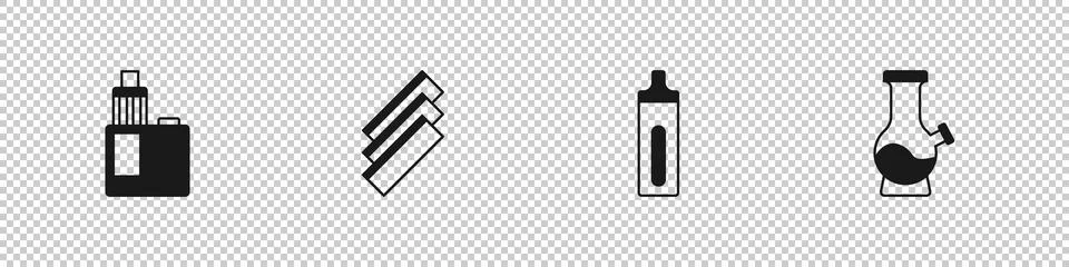 Set Vape mod device, Cigarette rolling papers, Electronic cigarette and Bon.. Stock Illustration