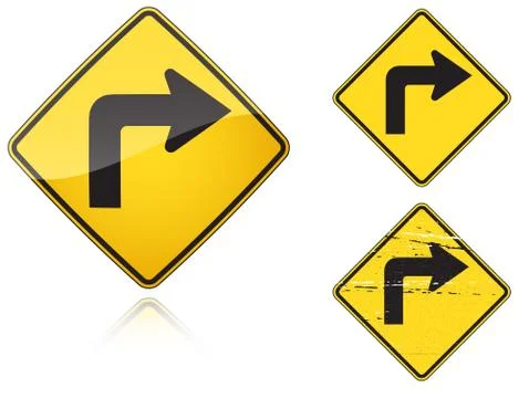 Set of variants right sharp turn traffic road sign Stock Illustration