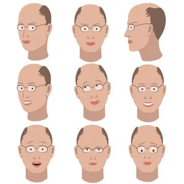 Set of variation of emotions of the same bald guy with glasses Stock Illustration
