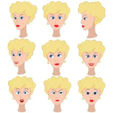 Set of variation of emotions of the same girl with blonde hair Stock Illustration
