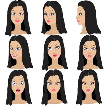 Set of variation of emotions of the same girl with black hair Stock Illustration