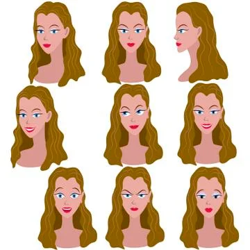 Set of variation of emotions of the same girl with brown hair Stock Illustration