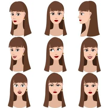 Set of variation of emotions of the same girl with brown hair Stock Illustration