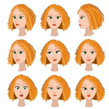 Set of variation of emotions of the same girl with red hair Stock Illustration