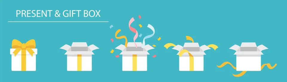 A set of variations empty open and closed gift present boxes. Stock Illustration