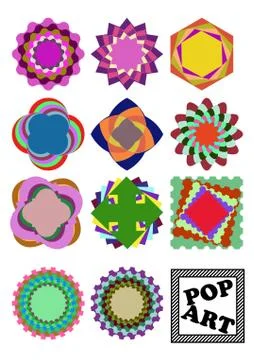 Set of variegated design shapes in pop art style. Cheeerful circle or square  Stock Illustration
