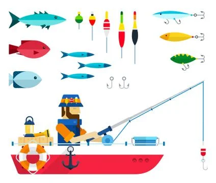 Set of varieties of fish, floats, hooks and fisherman with fishing rod in a boat Stock Illustration