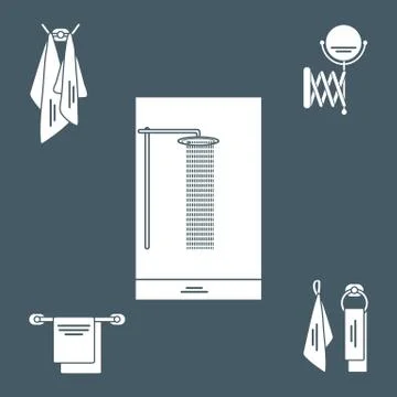 Set of variety bathroom elements: shower, towels hanging on different holders 스톡 일러스트