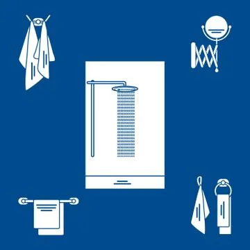 Set of variety bathroom elements: shower, towels hanging on different holders 스톡 일러스트