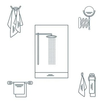 Set of variety bathroom elements: shower, towels hanging on different holders Illustrazione stock